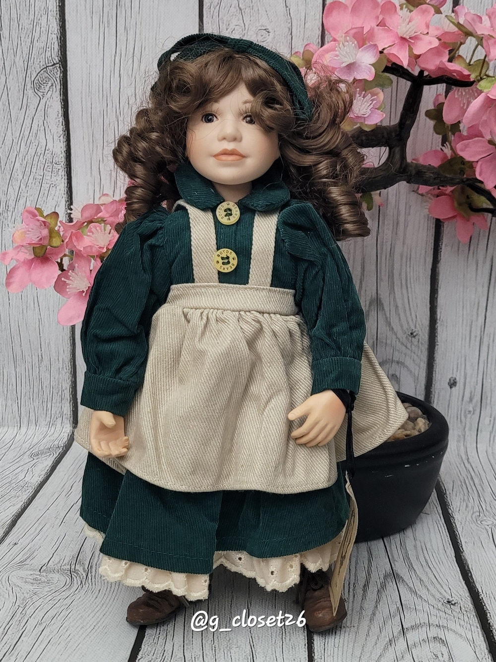 Porcelain Doll in Dark Green Dress with Cream Apron